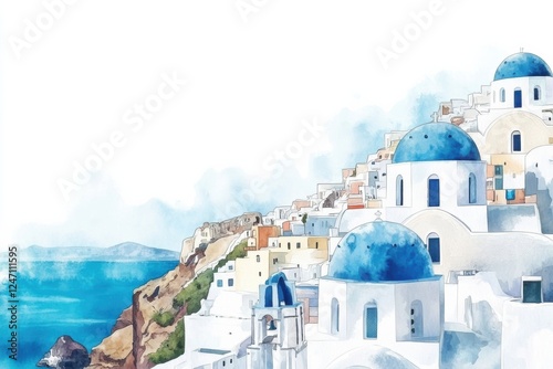 Watercolor illustration of Santorinis iconic blue domes and coastal landscape during a sunny day. Generative AI photo