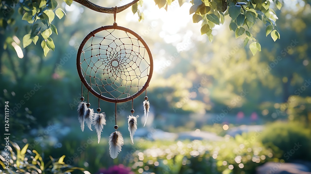 Obraz premium Dreamcatcher with beads and feathers in garden scene