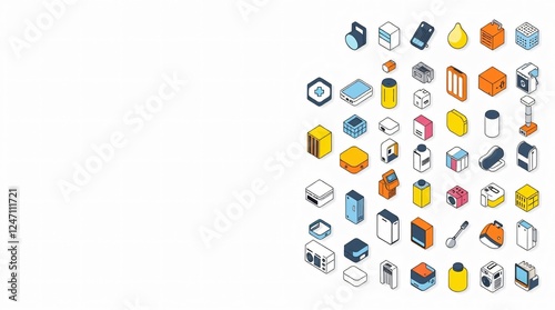 Isometric Icons:  A colorful and organized collection of isometric icons depicting various objects and symbols, ideal for web design, mobile app development, and presentations.  