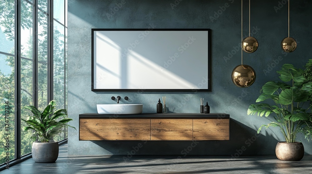 Fototapeta premium Sleek Modern Bathroom with Greenery and Golden Lighting. Generative AI