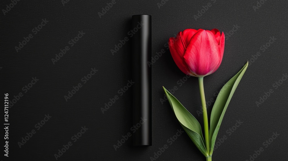 Fototapeta premium A vibrant red tulip placed beside a sleek black cylinder on a textured black background for a modern aesthetic appeal.