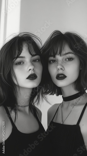 Sisters embracing under soft natural light with gentle expressions