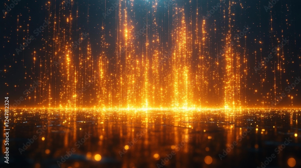 Golden Light Particles Falling in Glowing Rain Effect. Generative AI Golden Light Particles Falling in Glowing Rain Effect. Generative AI
