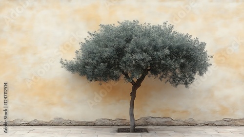 Olive Tree Against a Weathered Tan Wall