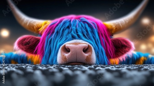 An artistic and whimsical portrayal of a Highland cow with brightly colored hair, showcasing a creative blend of nature and contemporary art that captivates the viewer's imagination.