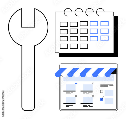 Toolbox wrench next to calendar and website interface highlighting structured approach to maintenance, scheduling, organization, productivity, planning, project management. Ideal for tech support, IT