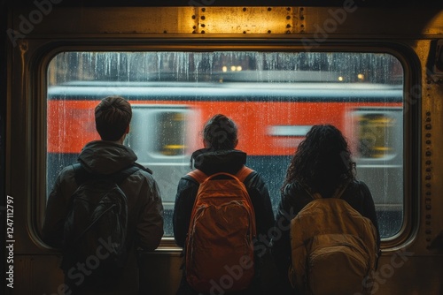 Friends wait for train at subway station as rain creates a blurred backdrop