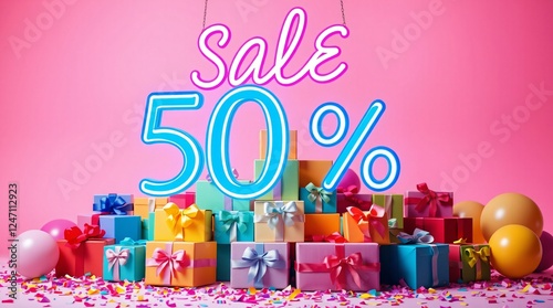 Pink Celebration Sale: A vibrant, fun and festive  sale banner with a large, neon blue 50% off sign hanging over a colorful stack of gifts, balloons and confetti.