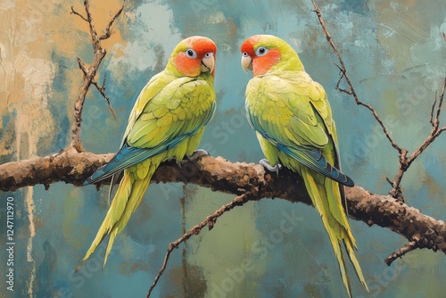 Colorful parrots perched on a branch in a serene natural setting