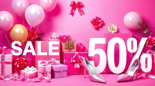 Pink Celebration Sale: A vibrant pink background is adorned with gifts, balloons, and large white letters spelling out 