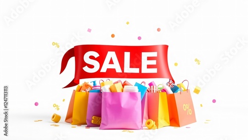 Big Sale Shopping Bags: A vibrant pile of colorful shopping bags overflowing with gifts and goodies, topped with a bold red 