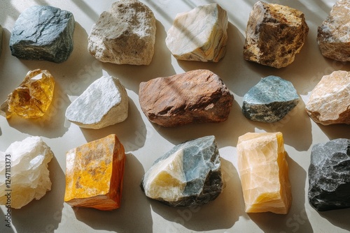 Colorful collection of various rock types displayed on a neutral background f...
