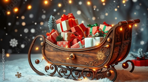 Christmas Sleigh Overflowing with Gifts: A rustic wooden sleigh brimming with beautifully wrapped presents, adorned with twinkling fairy lights, sits on a snowy ground amidst falling snowflakes.