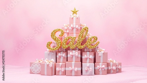 Pink Christmas Sale: A dazzling pyramid of pink gift boxes with a golden star atop, adorned with white ribbon bows, form a festive backdrop for a sparkling gold 