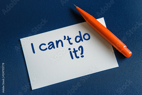 I can't do it. Demotivation. No desire to do anything. Writing on piece of paper. Blue background. Pen nearby photo