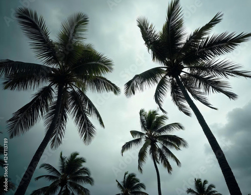 Tropical Palm Trees from Below Against a Clear Blue Sky