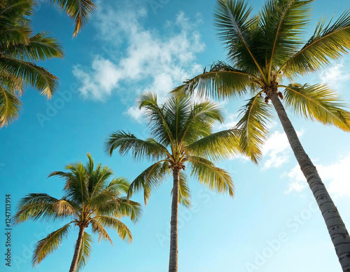 Tropical Palm Trees from Below Against a Clear Blue Sky