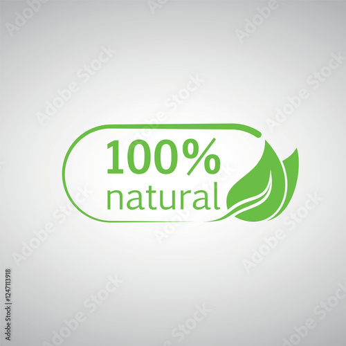 The “100% natural” emblem in green with leaves symbolizes environmental friendliness.