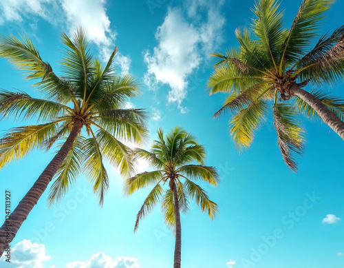 Tropical Palm Trees from Below Against a Clear Blue Sky