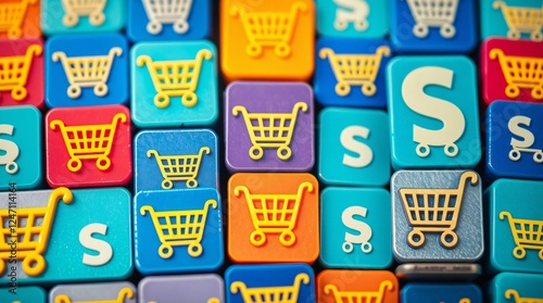 Shopping Cart Icon Pattern:  A colorful and abstract pattern of shopping cart icons and dollar signs, perfect for representing online shopping, retail, e-commerce, digital marketing, and sales.