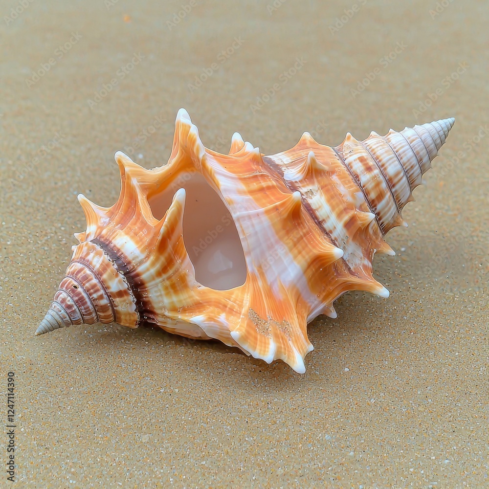 A beautifully detailed conch shell rests on a sandy beach under the bright sunlight, showcasing its natural elegance. A beautifully detailed conch shell rests on a sandy beach under the bright sunlight, showcasing its natural elegance.