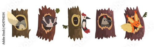 Animal Character in Hollow Tree Trunk Vector Set