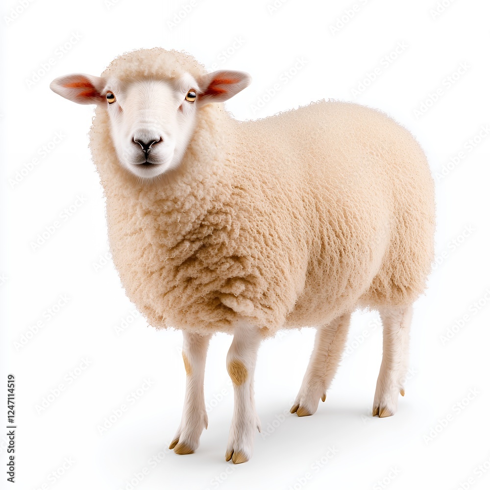 A Gentle Cream-Colored Sheep with Soft, Fluffy Wool against a Clean White Background A Gentle Cream-Colored Sheep with Soft, Fluffy Wool against a Clean White Background