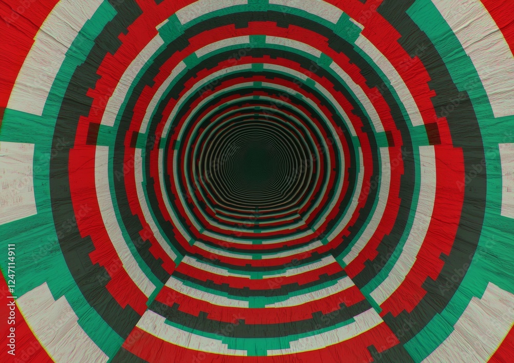 This abstract image features a colorful tunnel design with vibrant red, green, and white concentric patterns and depth. This abstract image features a colorful tunnel design with vibrant red, green, and white concentric patterns and depth.