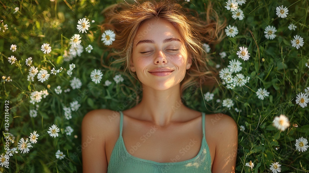 A serene woman lying in a field of daisies, enjoying nature's beauty. A serene woman lying in a field of daisies, enjoying nature's beauty.