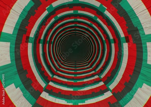 This abstract image features a colorful tunnel design with vibrant red, green, and white concentric patterns and depth.