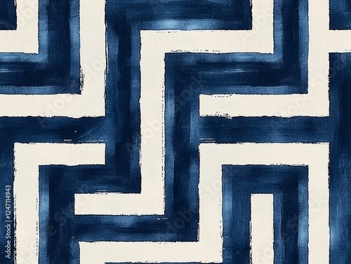This abstract geometric pattern features a bold navy blue and white design that adds elegance to any space.