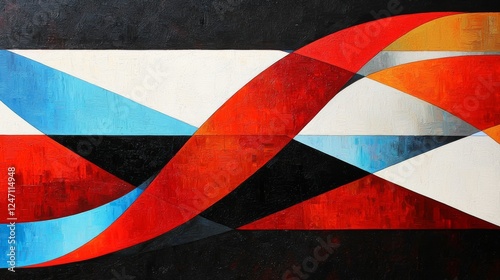 This vibrant abstract painting features dynamic shapes and bold colors that evoke a sense of movement and energy.