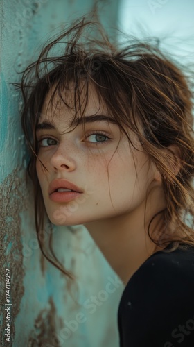 Young woman with tousled hair gazes thoughtfully against a textured wall in n...