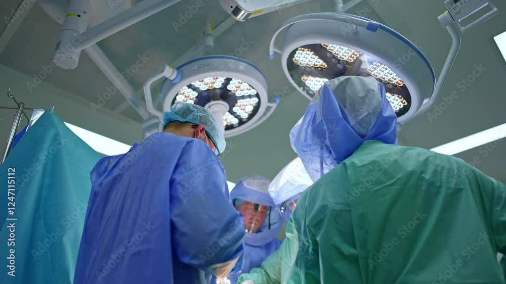 Rear view of the male surgeons in blue robes standing at the operating table. Low angle perspective on the doctors working in a team at surgery. Rear view of the male surgeons in blue robes standing at the operating table. Low angle perspective on the doctors working in a team at surgery.