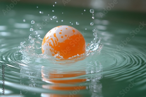 Colorful ball creating ripples in clear water at a serene pool