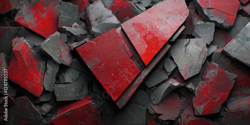 Abstract red and black shattered pieces create a striking visual composition with a modern artistic flair and texture.