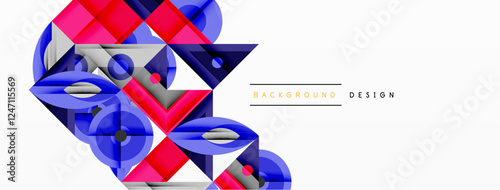 Geometric abstract composition with intersecting shapes, circles, triangles, and gradients, blending vibrant colors and dynamic contrasts to create a modern, futuristic visual design
