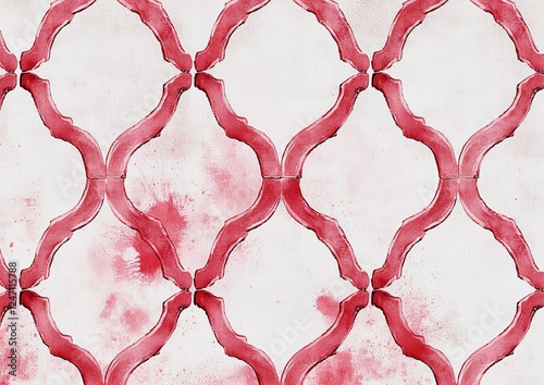 This artistic watercolor pattern features a unique red and white geometric design on a textured background.