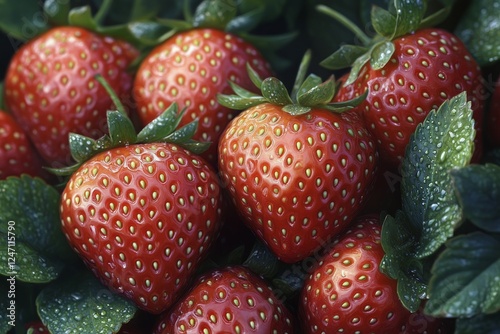 Fresh ripe strawberries nestled among green leaves ready for harvest and enjo...