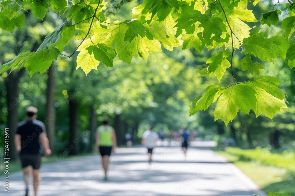 Obraz premium A sunny day in a park, showcasing blurred figures walking along a path, framed by vibrant green leaves overhead.