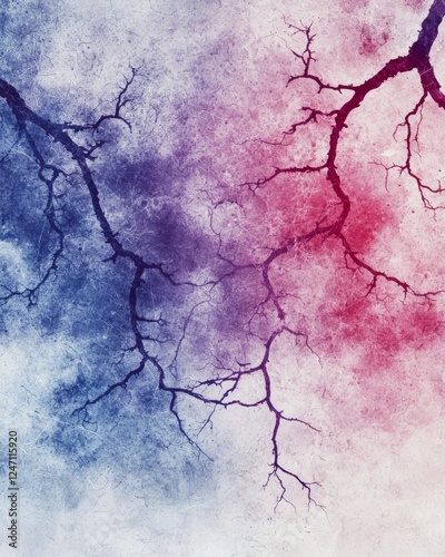 An abstract texture showcasing a blend of blue and red with intricate branching patterns resembling veins or nerves.