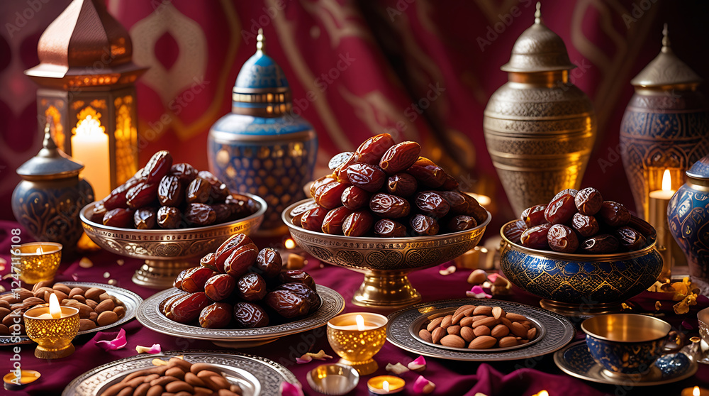 Ramadan Iftar Table with Dates, Almonds, and Lanterns Ramadan Iftar Table with Dates, Almonds, and Lanterns