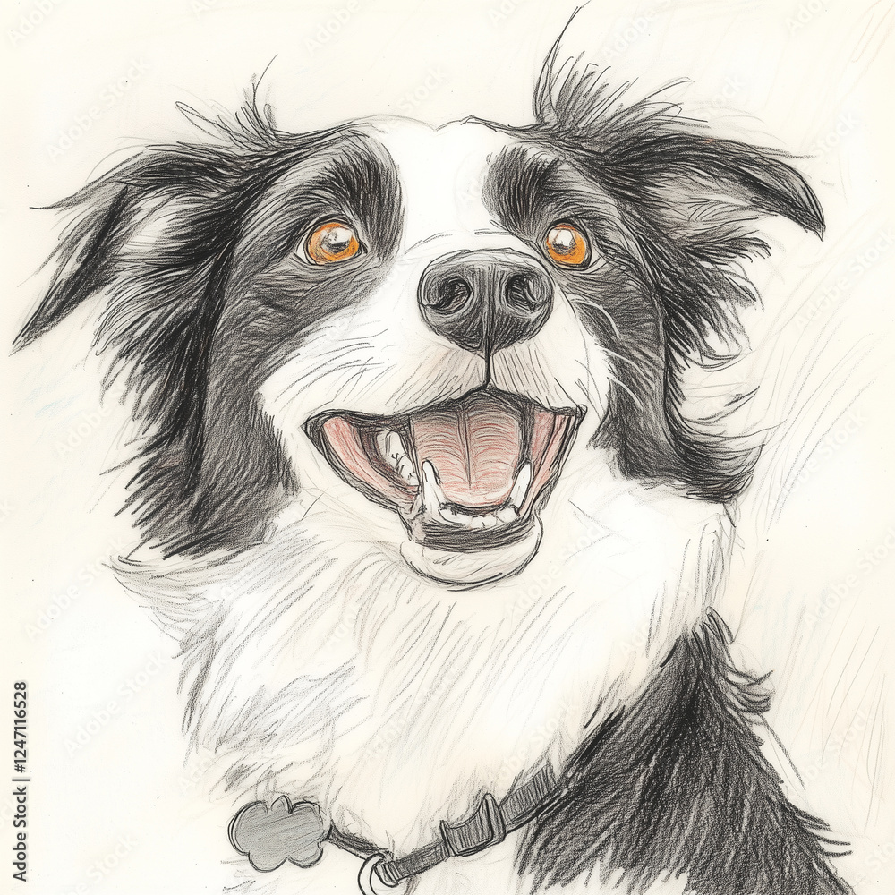 Fototapeta premium Whimsical Colored Pencil Drawing of a Happy Border Collie