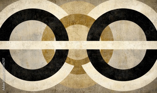 This abstract geometric design features overlapping circles in a vintage style with muted colors and textures.