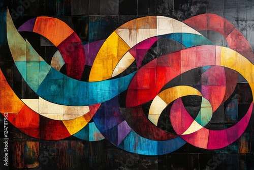 Colorful abstract artwork featuring flowing shapes and vibrant hues against a...