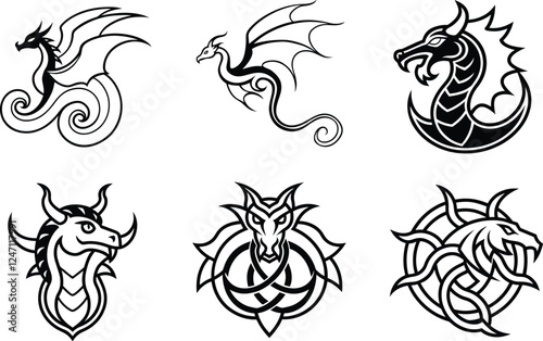 Six Stylized Dragon Designs Tattoo, Celtic, Mythical, Art