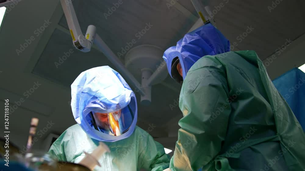 Two surgeons wearing protective helmets work, talk and smile at surgery. Orthopedic operation performed by the cooperative doctors. Low angle view.