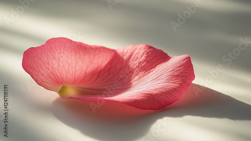 Beautiful pink rose petal softly resting on a light surface with gentle shadows