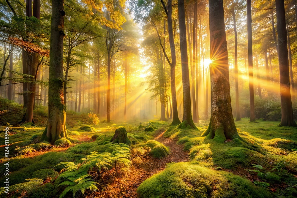 Fototapeta premium Misty Forest Sunbeams - Documentary Photography AI Art