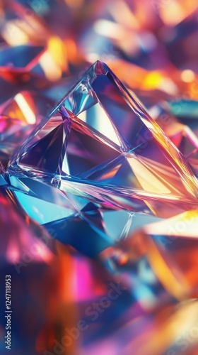Colorful geometric shapes blend together with sparkling facets in a vibrant d...